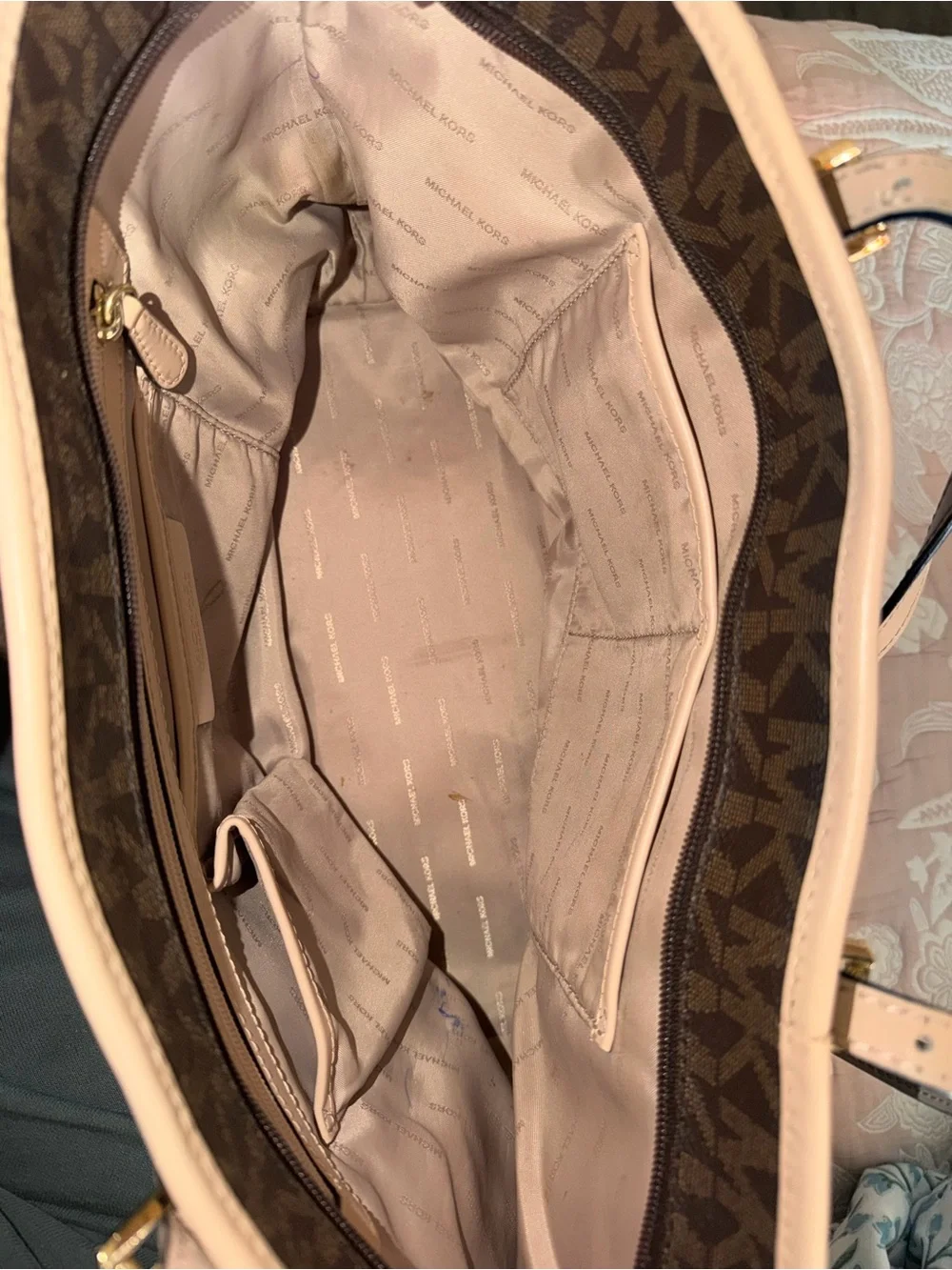 Michael Kors Brown Tote with Blush Trim and Gold Charm